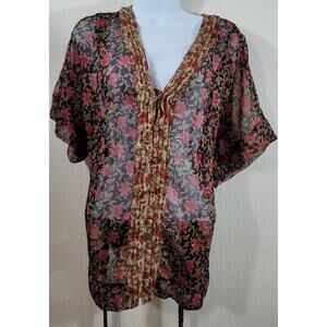 Converse Black Red Floral Sheer Button Up Top XL Lightweight Belted Soft Stretch